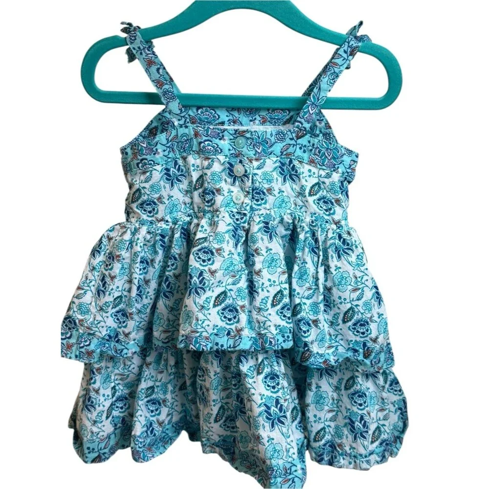 Janie and Jack Girls Sleeveless Blue Floral Tiered Ruffle Dress. 12-18 Months.